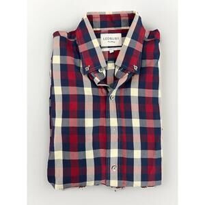 BEAUTIFUL LEDBURY MENS CASUAL BUTTON SHIRT LARGE - RED BLUE PLAID GREAT COND!!